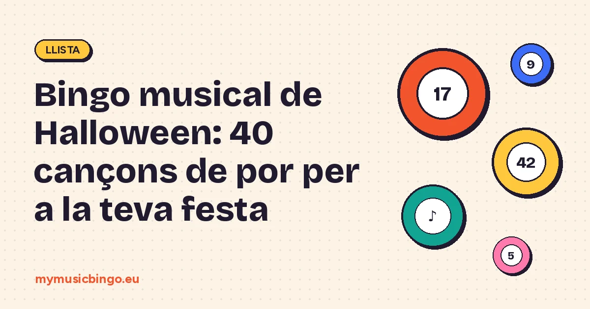 Boles de bingo sobre fons crema al costat del títol Bingo musical de Halloween
