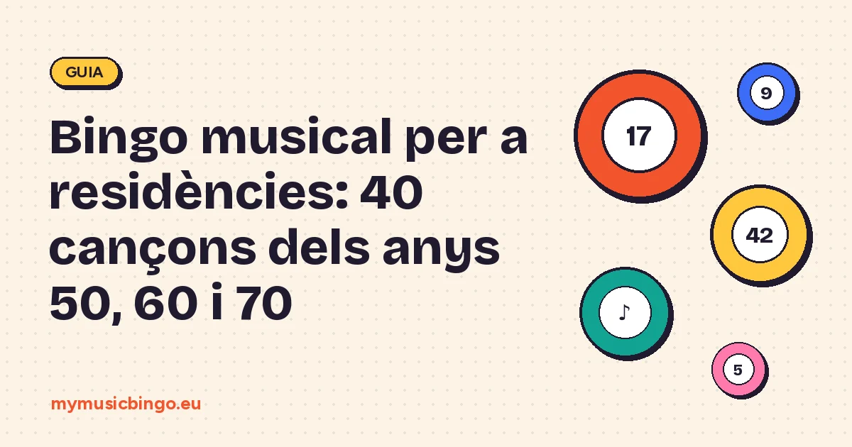 Boles de bingo sobre fons crema al costat del títol Bingo musical per a residències: 40 cançons dels anys 50, 60 i 70