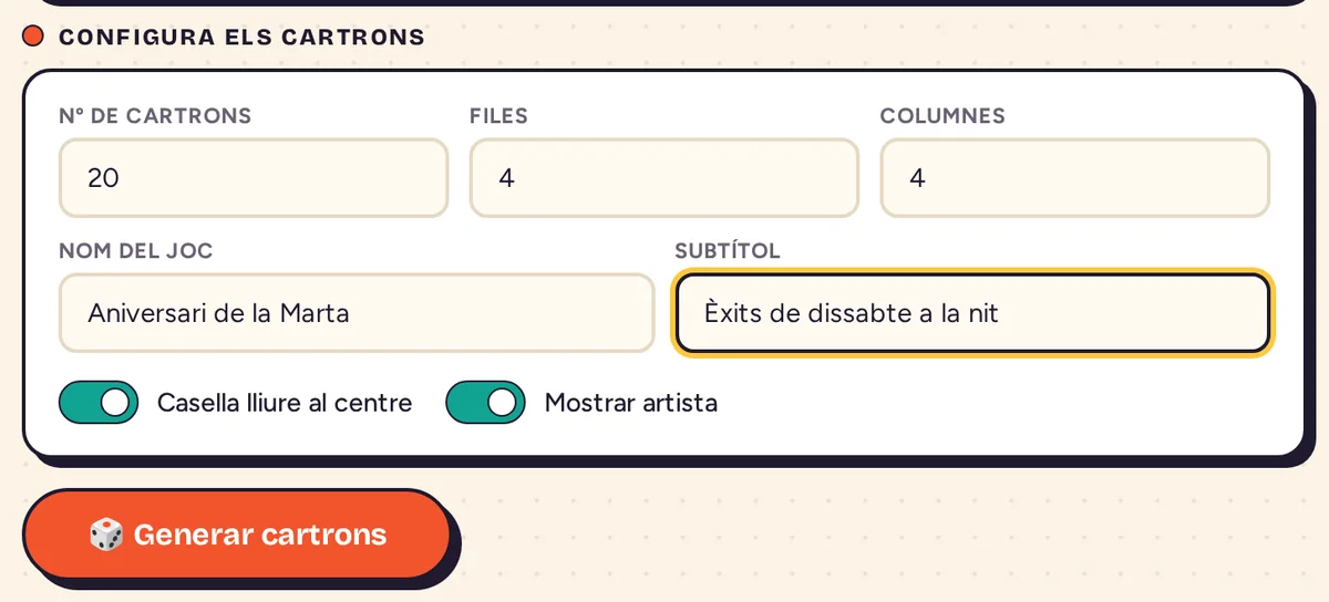 Opcions dels cartrons amb 20 cartrons, 4 files, 4 columnes, el nom Aniversari de la Marta i les opcions de casella lliure i artista activades