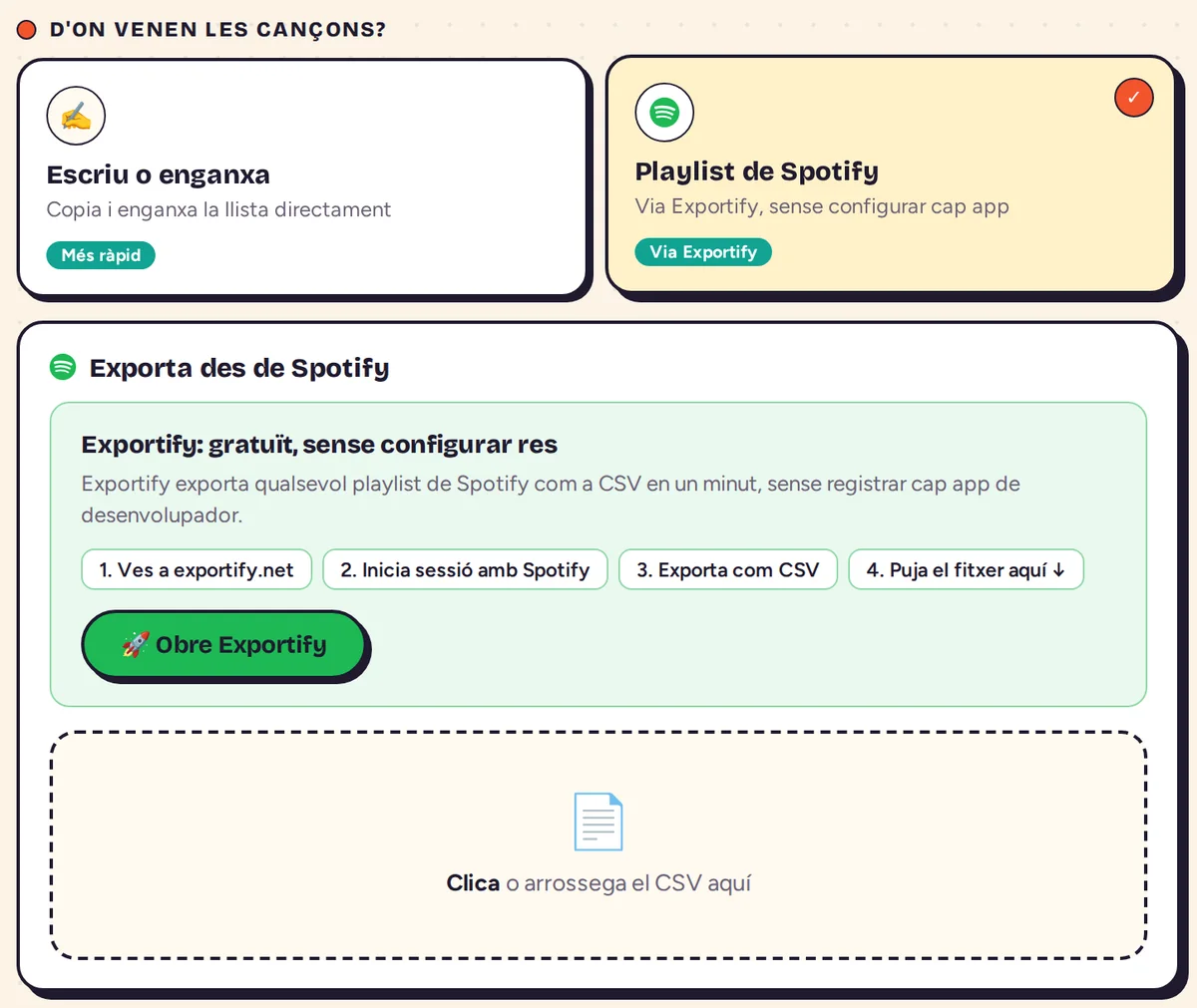 Opció Playlist de Spotify amb els quatre passos d’Exportify i la zona per deixar el fitxer CSV