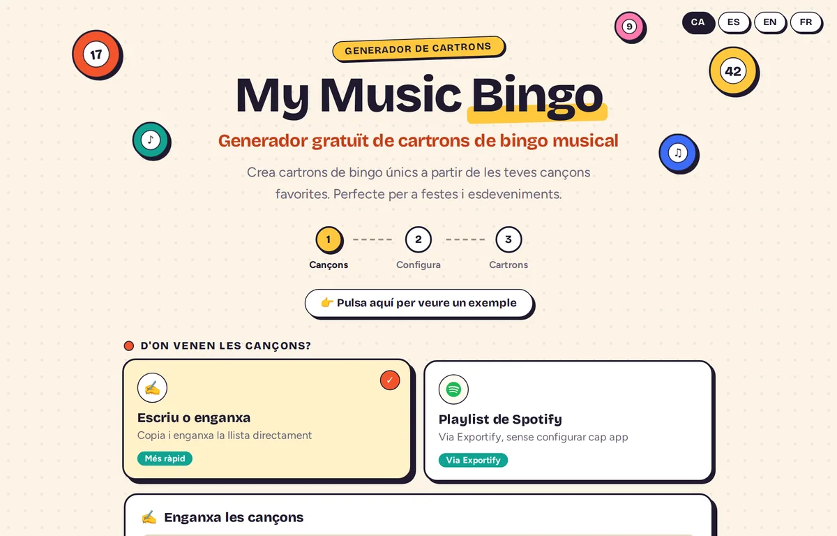 Pàgina principal de My Music Bingo amb les dues maneres d’afegir cançons: escriure o enganxar, o importar una playlist de Spotify