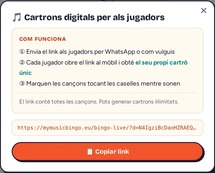 Finestra de cartrons digitals que explica com funciona, amb el botó Copiar link