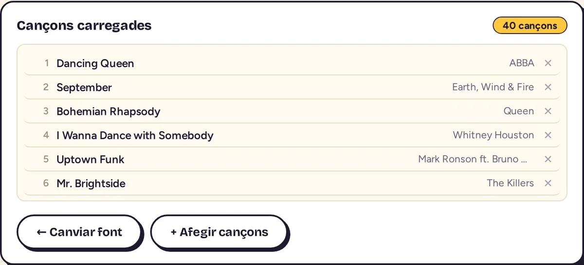 Llista de cançons carregades amb el comptador de 40 cançons i els botons Canviar font i Afegir cançons