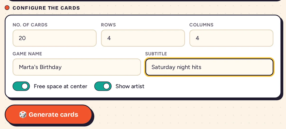 Card settings with 20 cards, 4 rows, 4 columns, the game name Marta’s Birthday and the free space and show artist options turned on