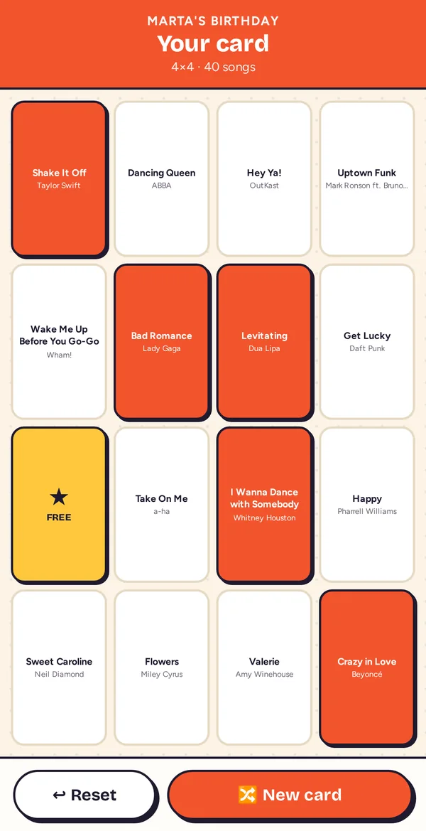 Music bingo card on a phone with several songs marked in red and the free square in yellow