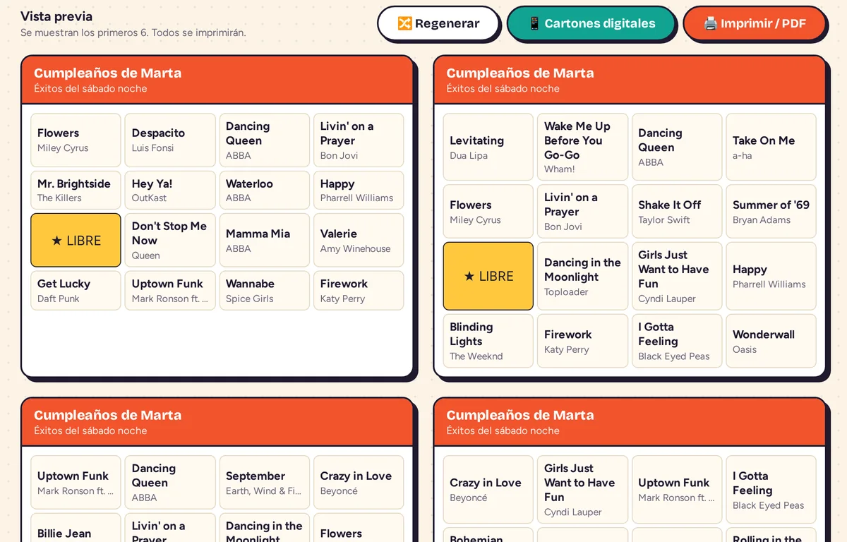 Vista previa de cuatro cartones de bingo musical titulados Cumpleaños de Marta, cada uno con canciones distintas y una casilla libre