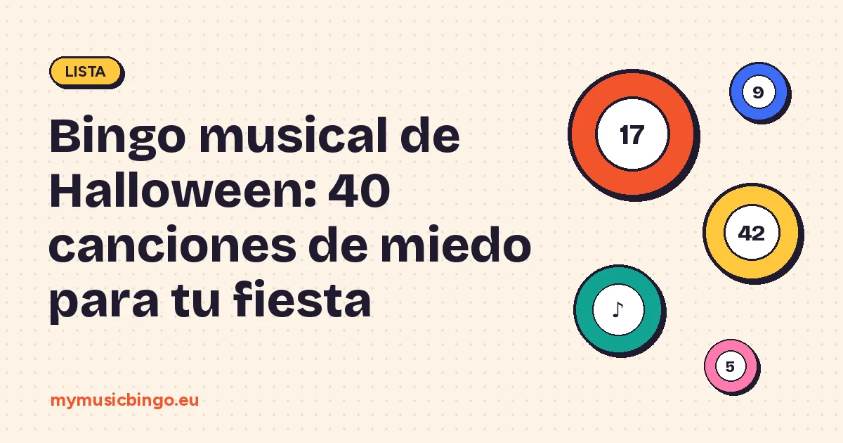 Bolas de bingo sobre fondo crema junto al título Bingo musical de Halloween