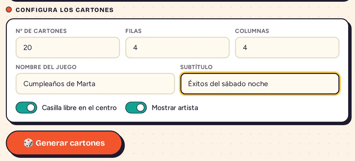 Opciones de los cartones con 20 cartones, 4 filas, 4 columnas, el nombre Cumpleaños de Marta y las opciones de casilla libre y artista activadas