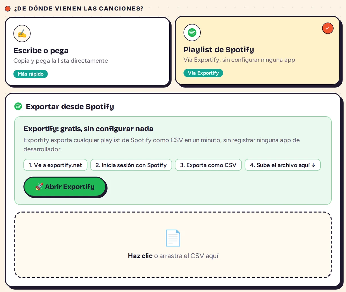 Opción Playlist de Spotify con los cuatro pasos de Exportify y la zona para soltar el archivo CSV