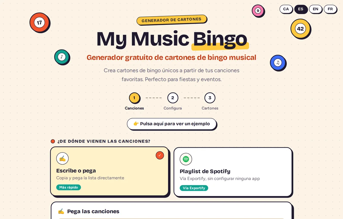 Página principal de My Music Bingo con las dos formas de añadir canciones: escribir o pegar, o importar una playlist de Spotify