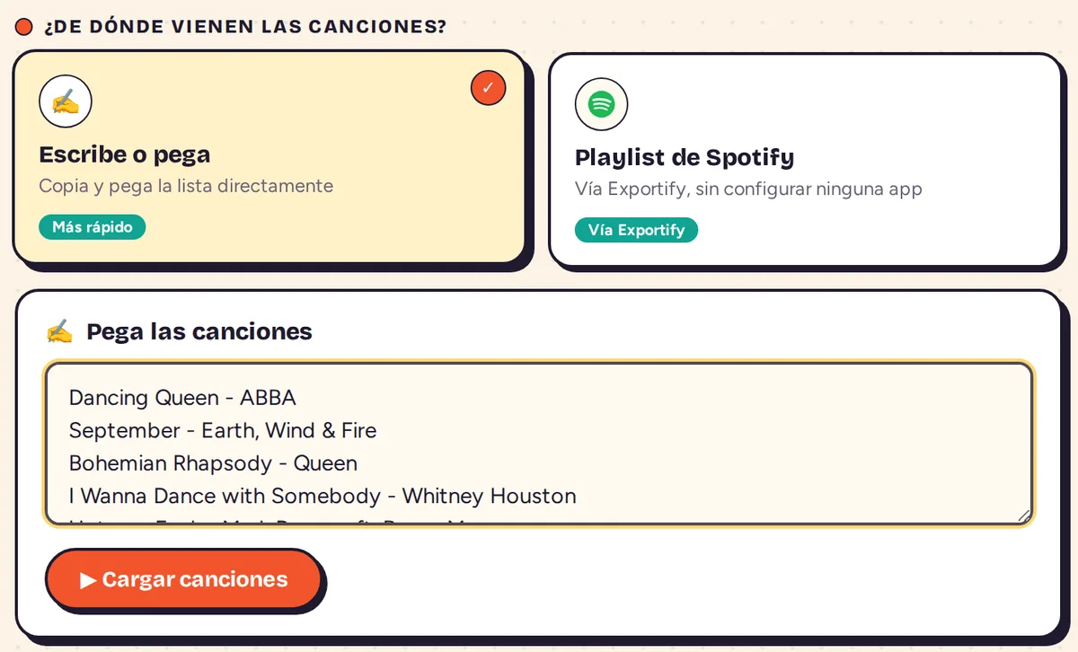 Cuadro de texto con una lista de canciones en formato título, guion y artista, y el botón Cargar canciones