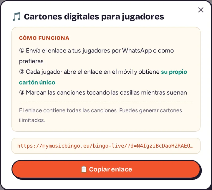 Ventana de cartones digitales que explica cómo funciona, con el botón Copiar enlace