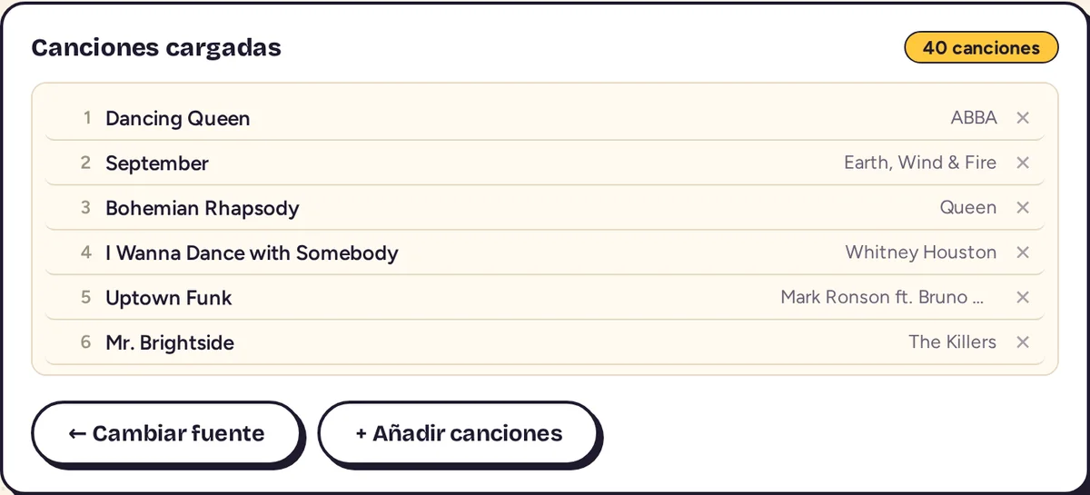 Lista de canciones cargadas con el contador de 40 canciones y los botones Cambiar fuente y Añadir canciones