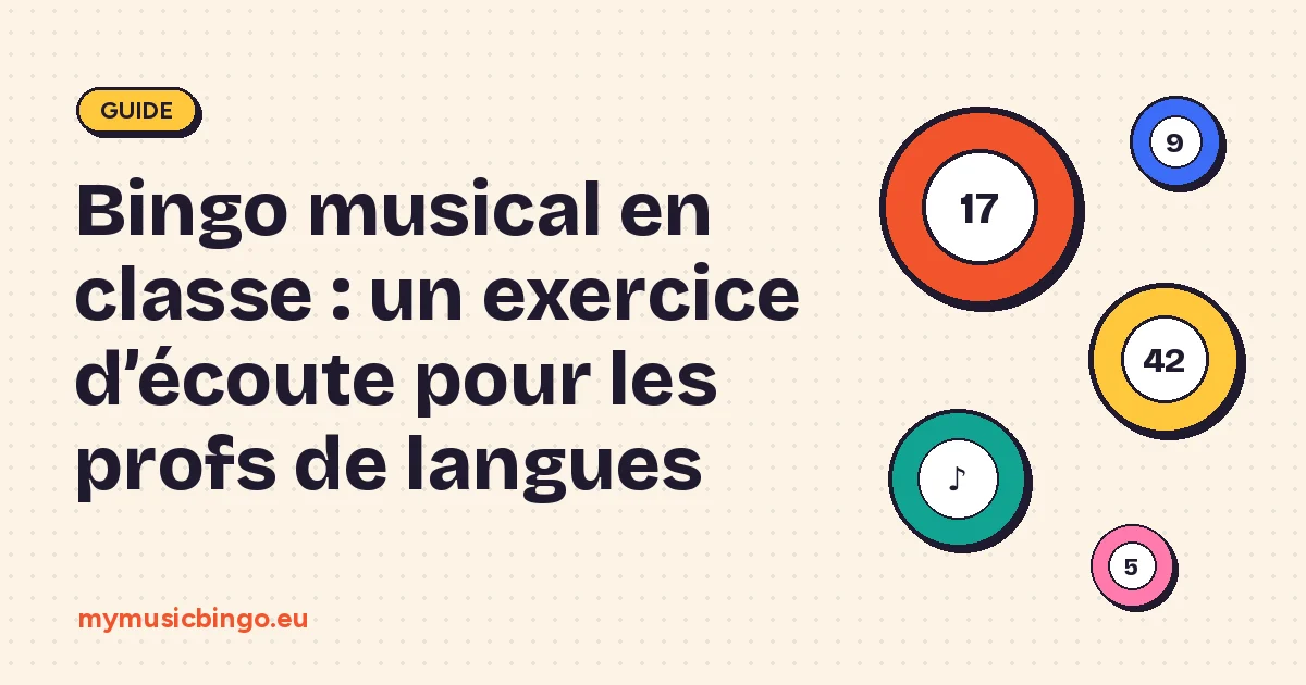 Boules de bingo sur fond crème à côté du titre Bingo musical en classe