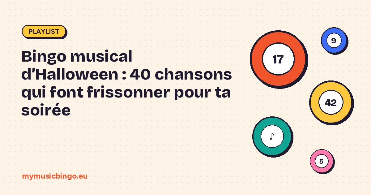 Boules de bingo sur fond crème à côté du titre Bingo musical d’Halloween