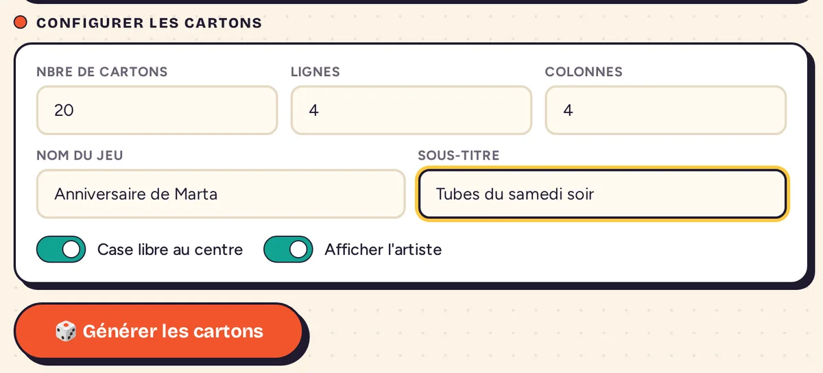 Réglages des cartons avec 20 cartons, 4 lignes, 4 colonnes, le nom Anniversaire de Marta et les options case libre et artiste activées