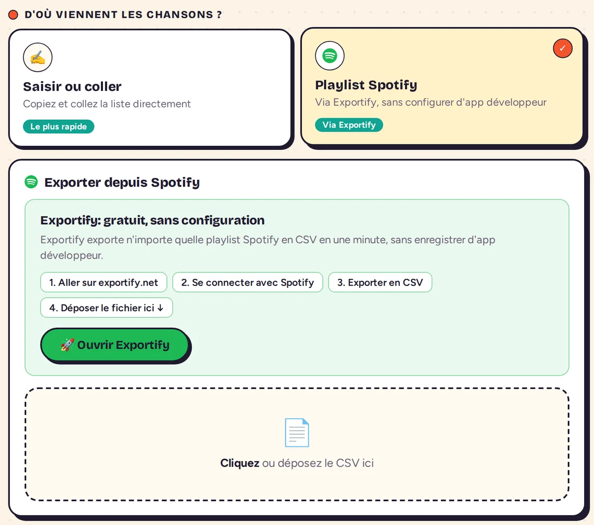 Option Playlist Spotify avec les quatre étapes d’Exportify et la zone où déposer le fichier CSV