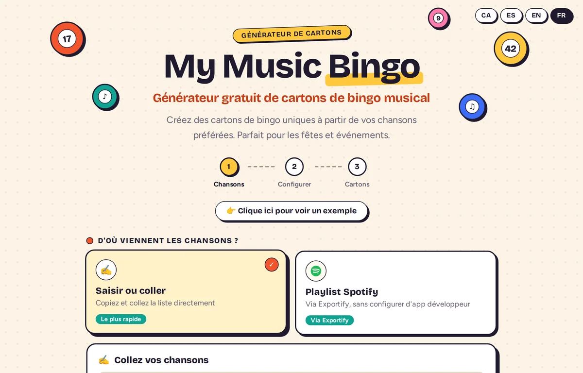 Page d’accueil de My Music Bingo avec les deux façons d’ajouter des chansons : saisir ou coller, ou importer une playlist Spotify