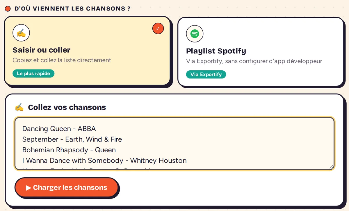 Zone de texte avec une liste de chansons au format titre, tiret, artiste, et le bouton Charger les chansons