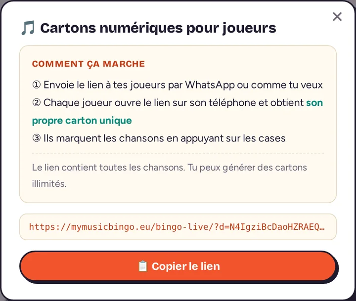 Fenêtre des cartons numériques qui explique le fonctionnement, avec le bouton Copier le lien