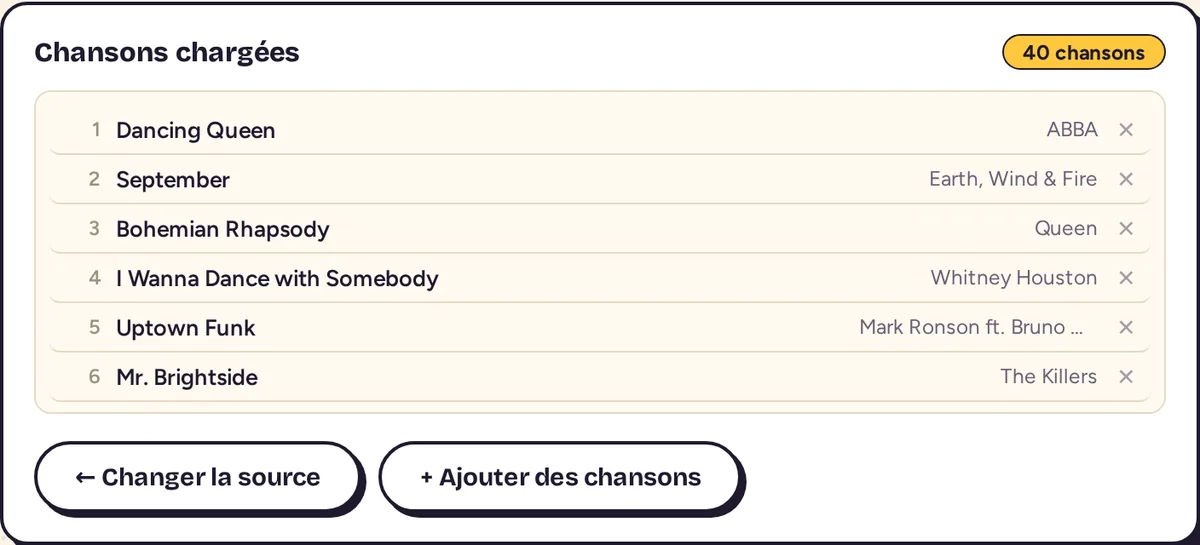 Liste des chansons chargées avec le compteur de 40 chansons et les boutons Changer la source et Ajouter des chansons