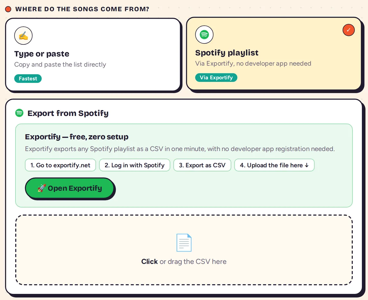 Spotify playlist option showing the four Exportify steps and the area to drop the CSV file