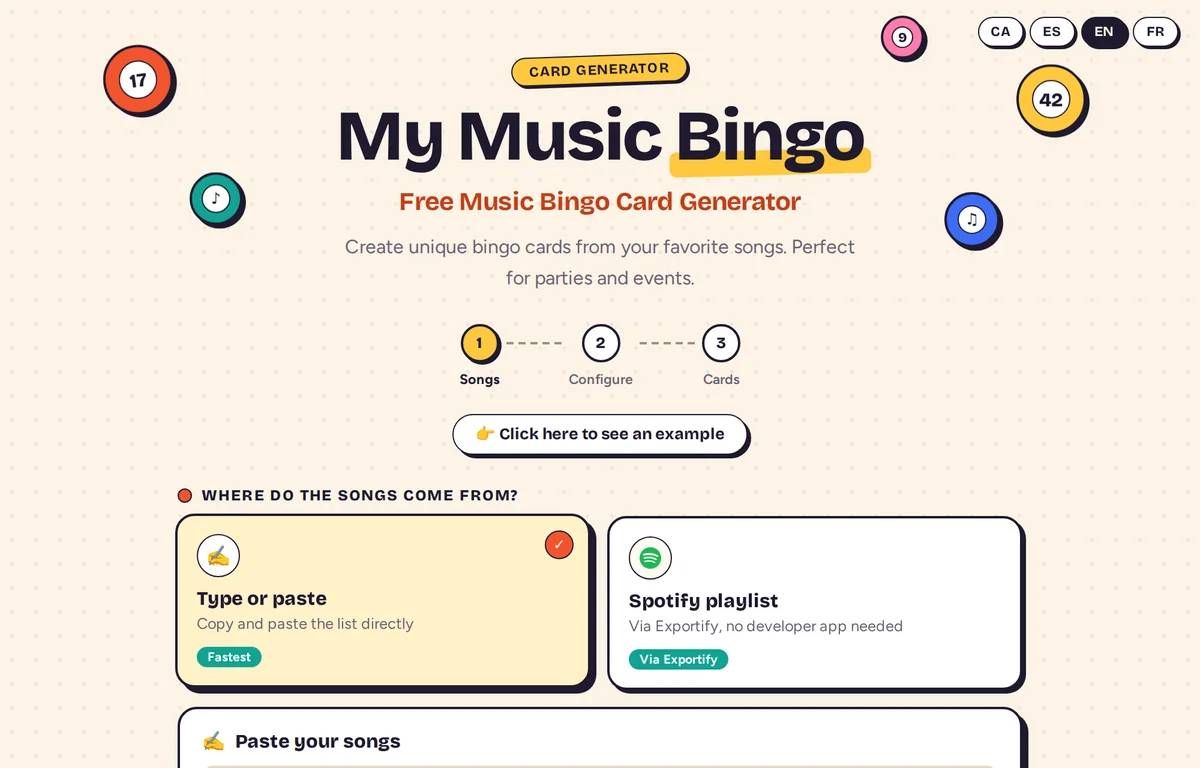 My Music Bingo home page with the two ways to add songs: type or paste, or import a Spotify playlist