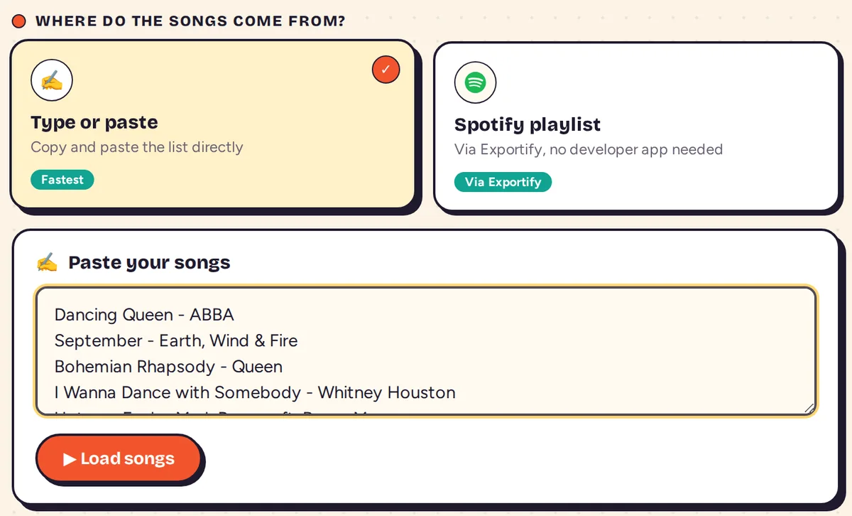 Text box with a list of songs written as title, hyphen, artist, and the Load songs button
