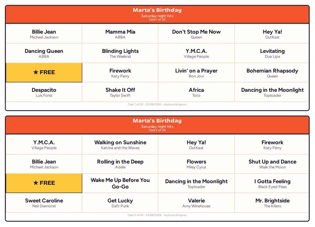 Two printed music bingo cards with a red header, song titles with artists and a free square