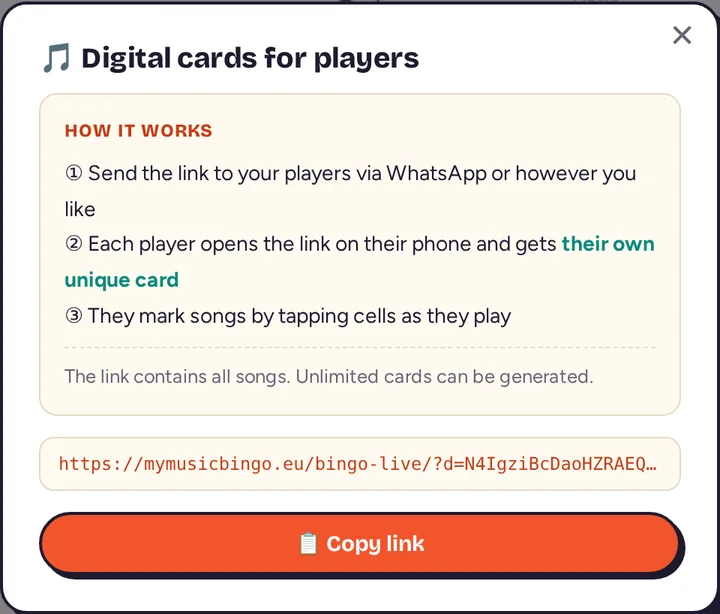 Digital cards window explaining how it works and the Copy link button