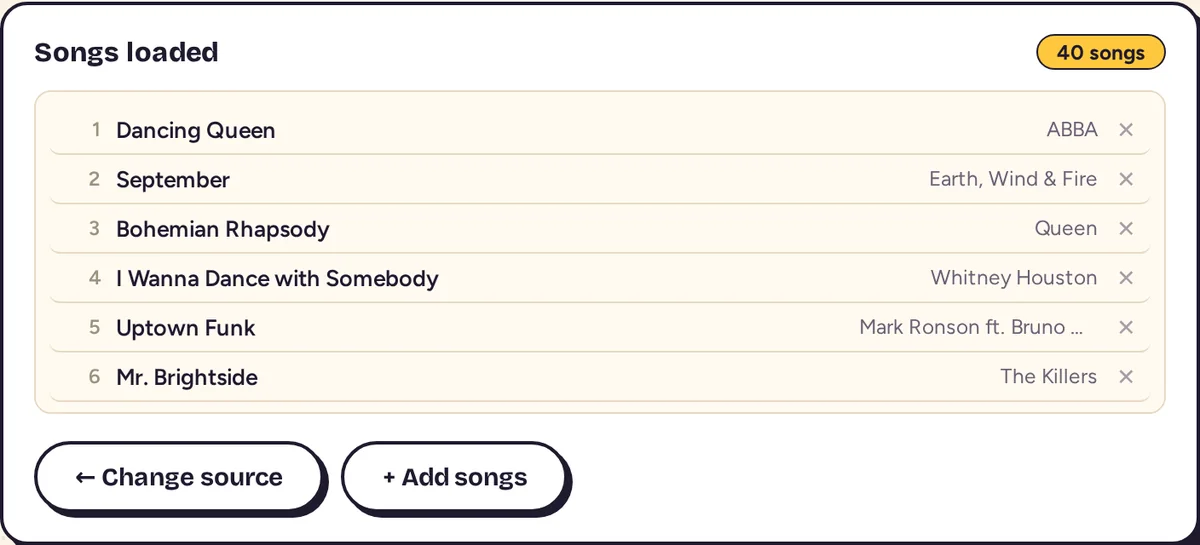 List of loaded songs with the counter showing 40 songs and the buttons Change source and Add songs